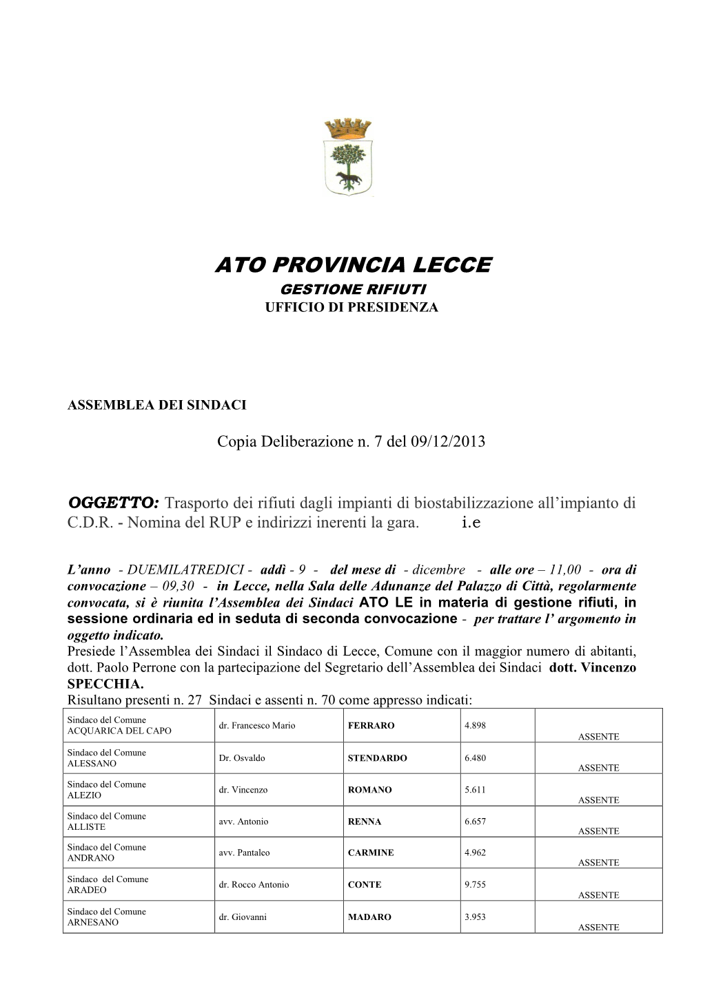 Ato Provincia Lecce Gestione Rifiuti Ufficio Di Presidenza