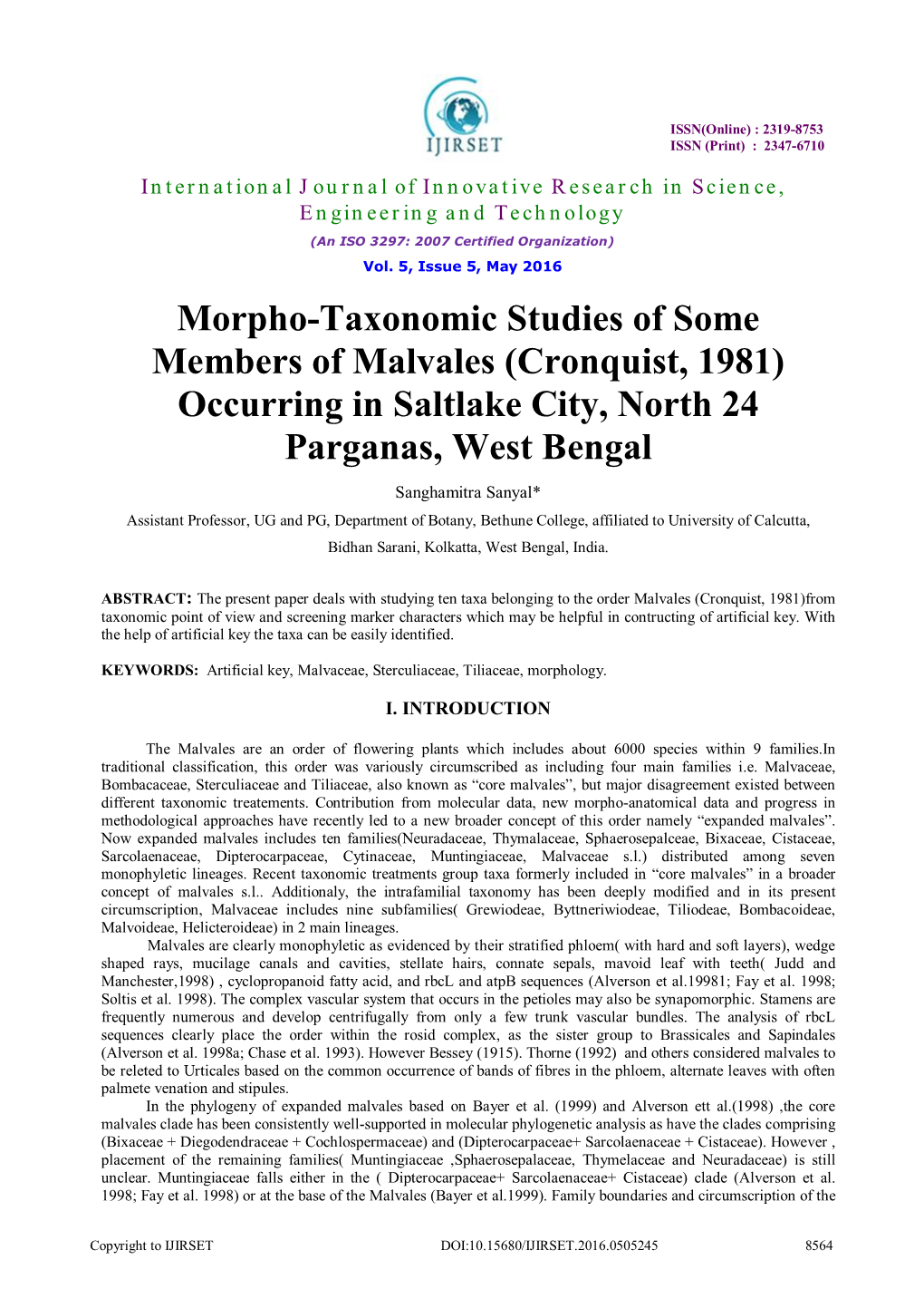 Morpho-Taxonomic Studies of Some Members of Malvales (Cronquist, 1981) Occurring in Saltlake City, North 24 Parganas, West Bengal