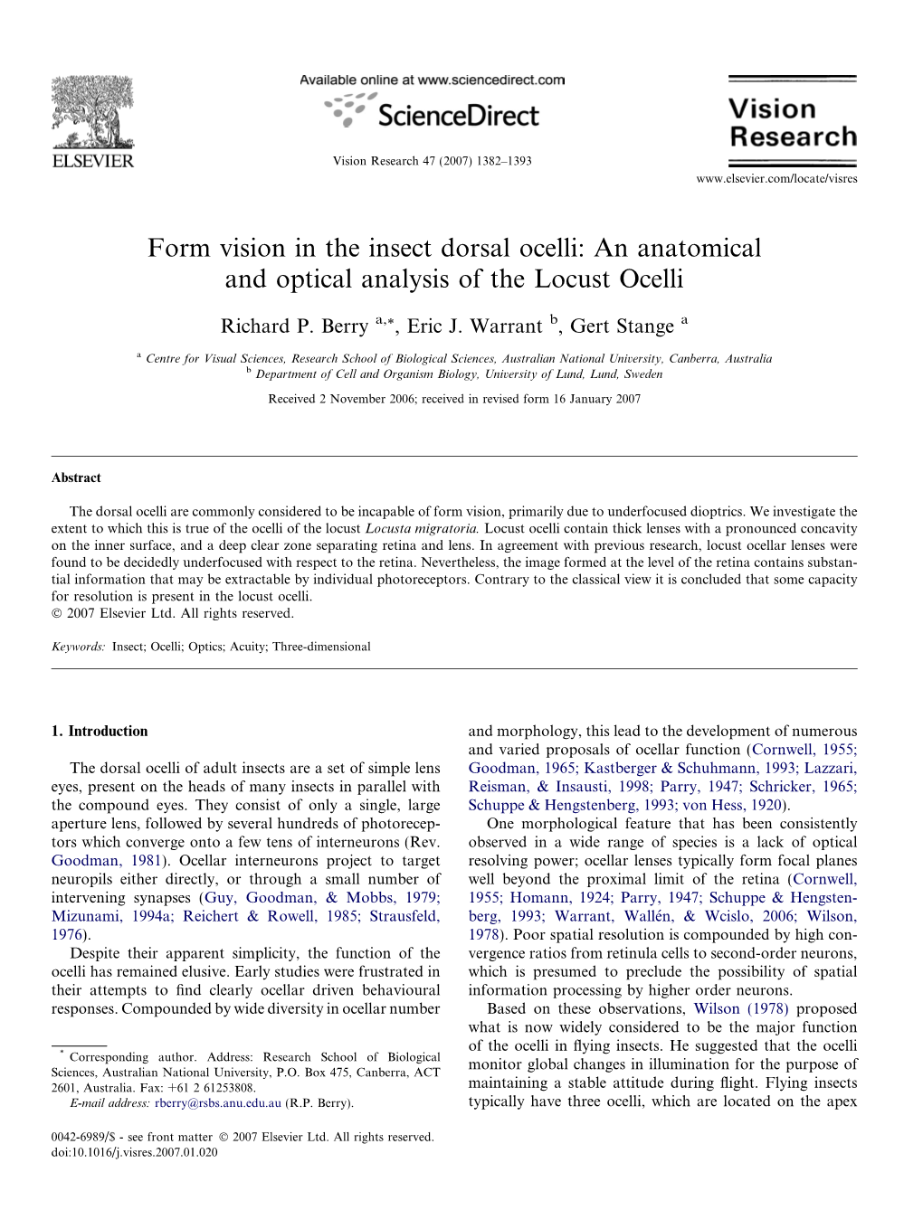 Form Vision in the Insect Dorsal Ocelli: an Anatomical and Optical Analysis of the Locust Ocelli