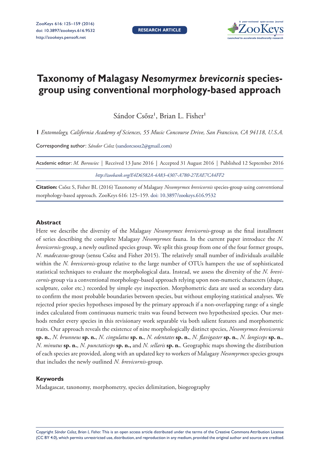 ﻿Taxonomy of Malagasy Nesomyrmex Brevicornis Species-Group Using