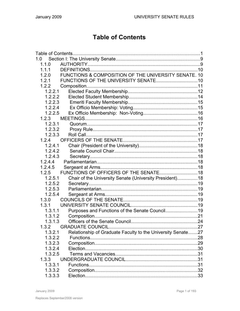 January 2009 UNIVERSITY SENATE RULES