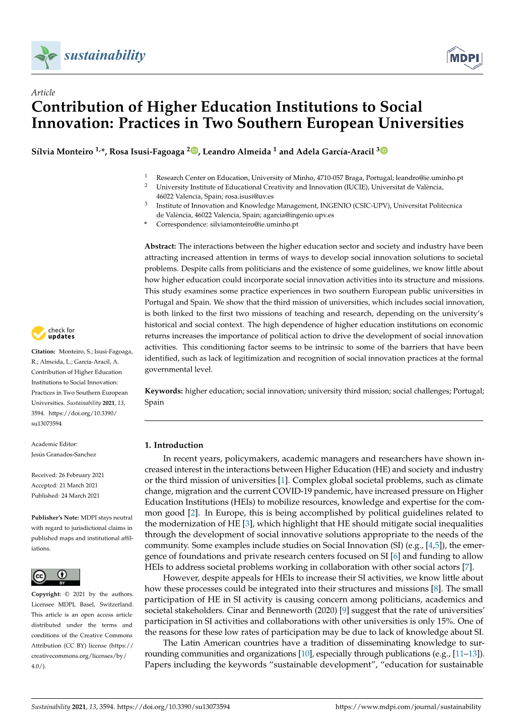 Contribution of Higher Education Institutions to Social Innovation: Practices in Two Southern European Universities