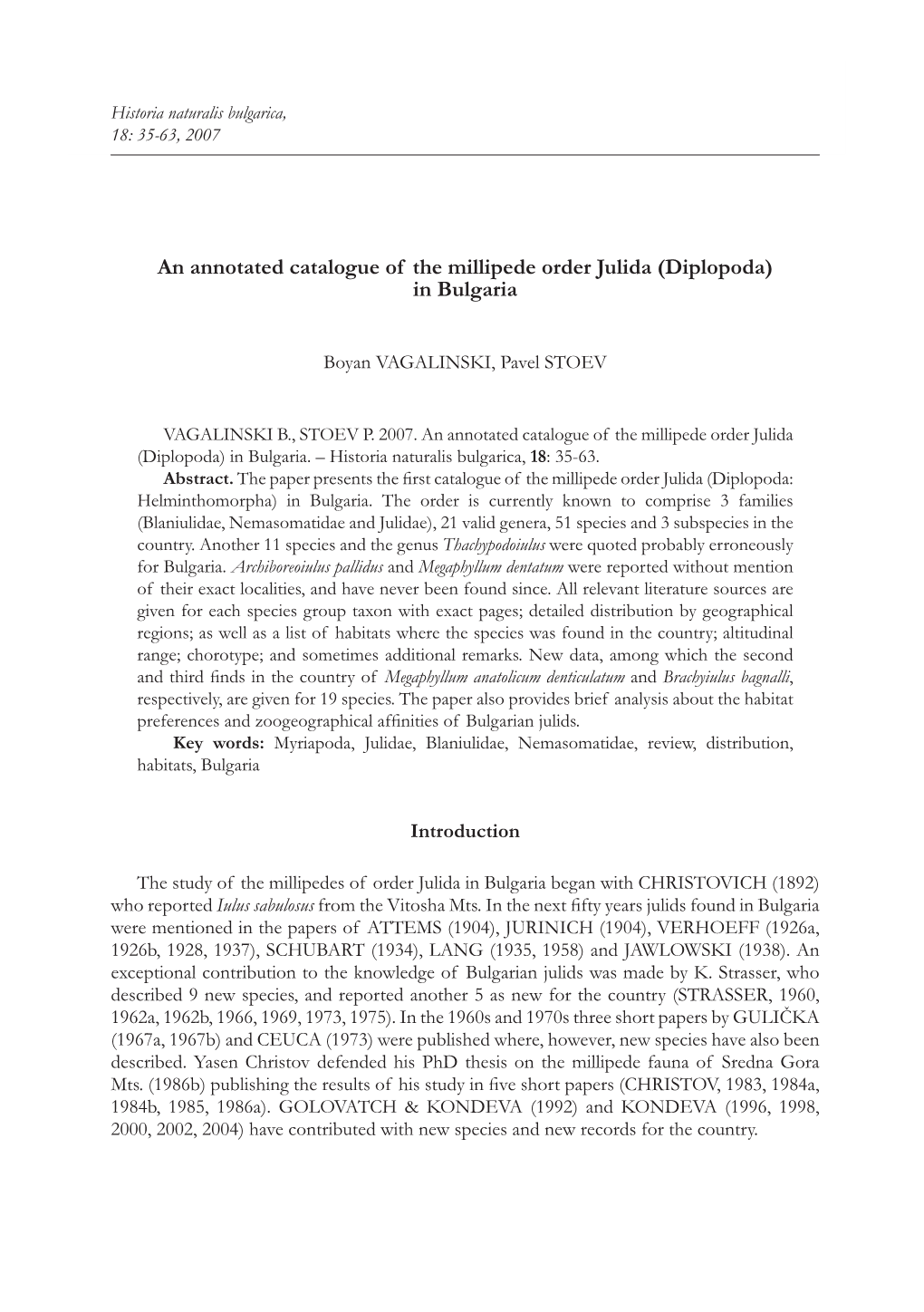 An Annotated Catalogue of the Millipede Order Julida (Diplopoda) in Bulgaria