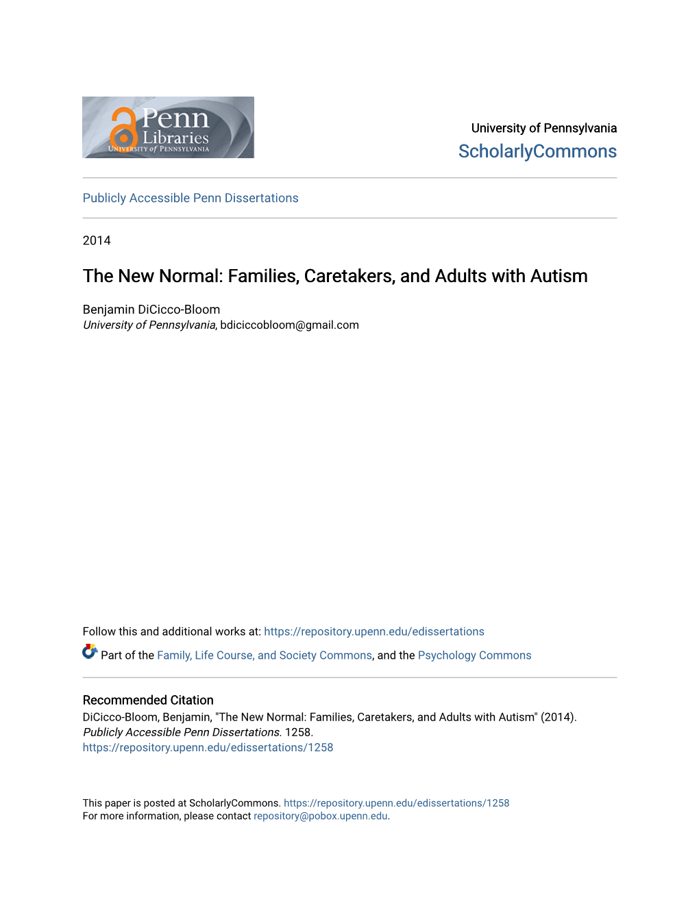 The New Normal: Families, Caretakers, and Adults with Autism