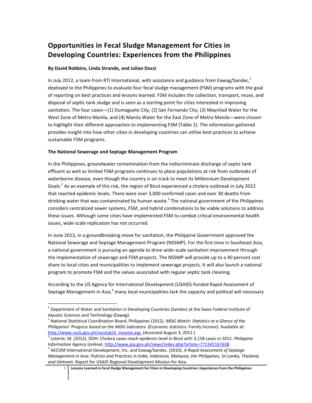 Opportunities in Fecal Sludge Management for Cities in Developing Countries: Experiences from the Philippines