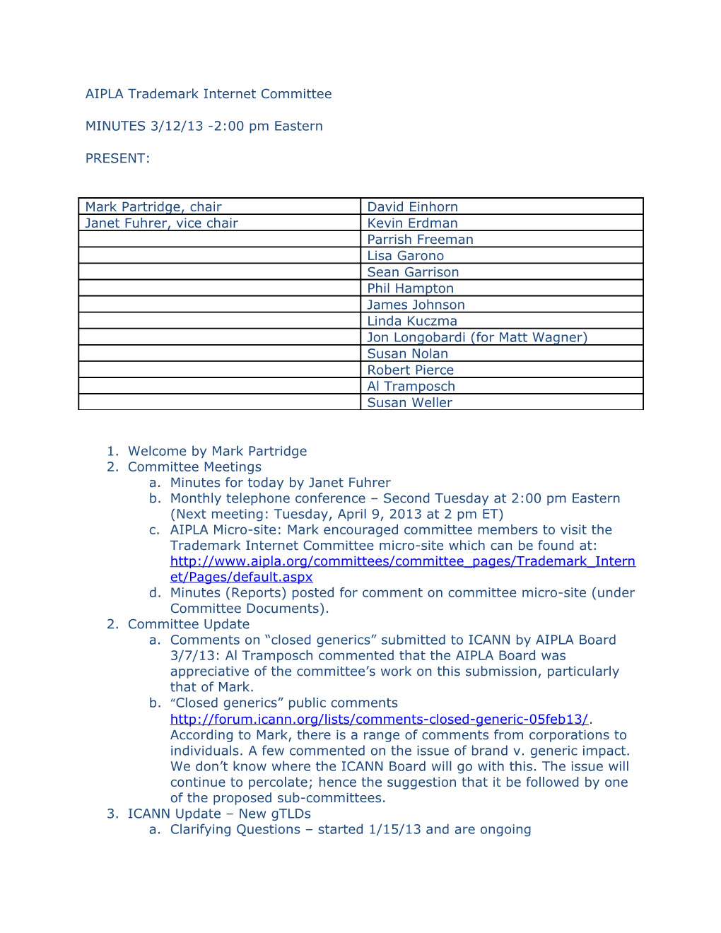 AIPLA Trademark Internet Committee Report of March 12 2013 Teleconference