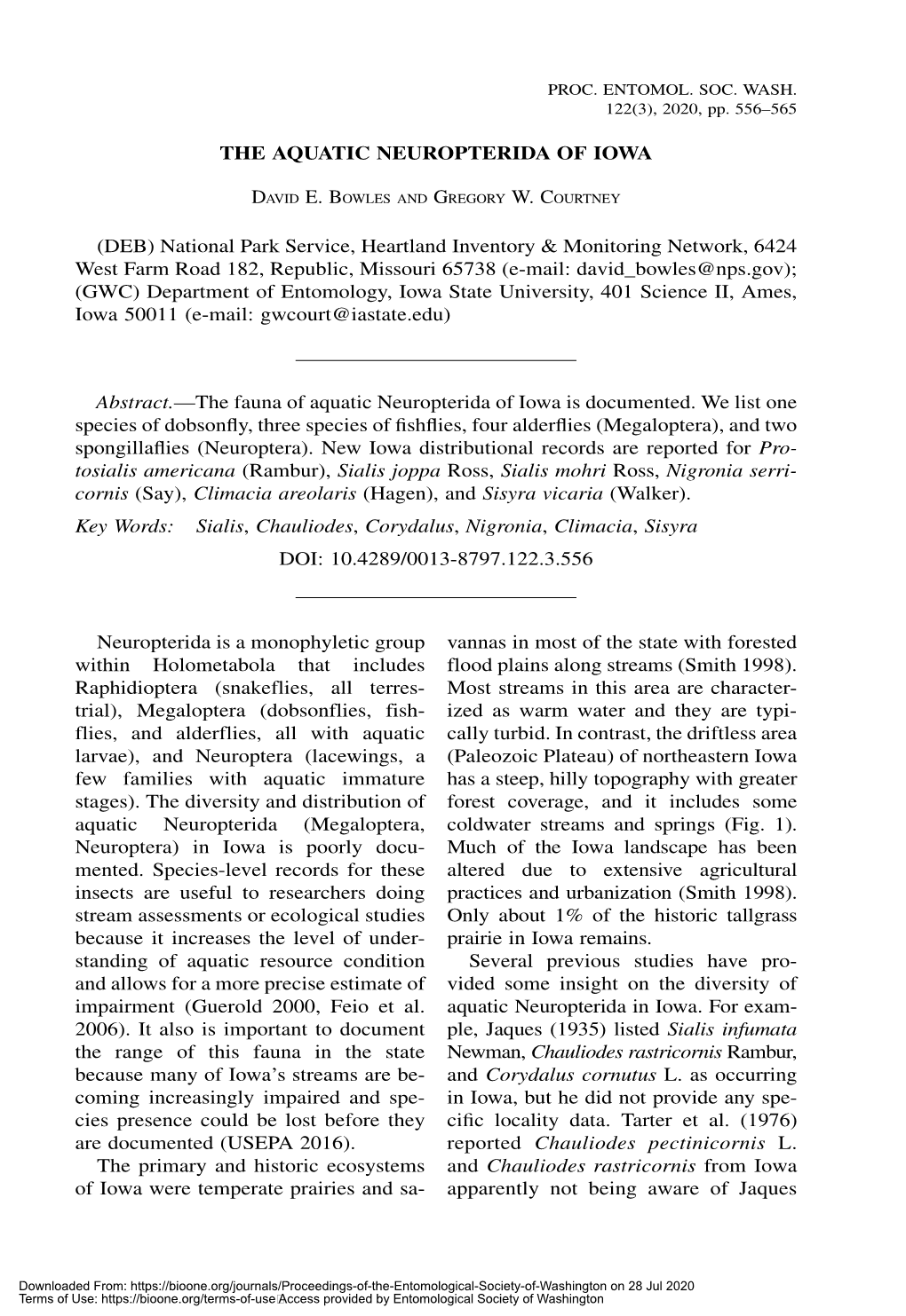 THE AQUATIC NEUROPTERIDA of IOWA (DEB) National Park Service, Heartland Inventory & Monitoring Network, 6424 West Farm Road