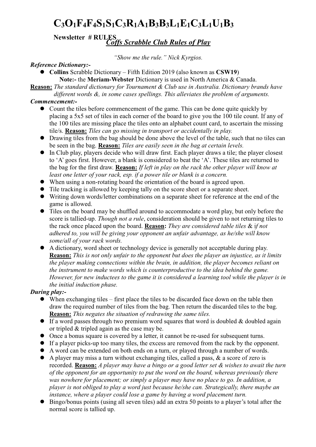 Coffs Scrabble Club Rules of Play