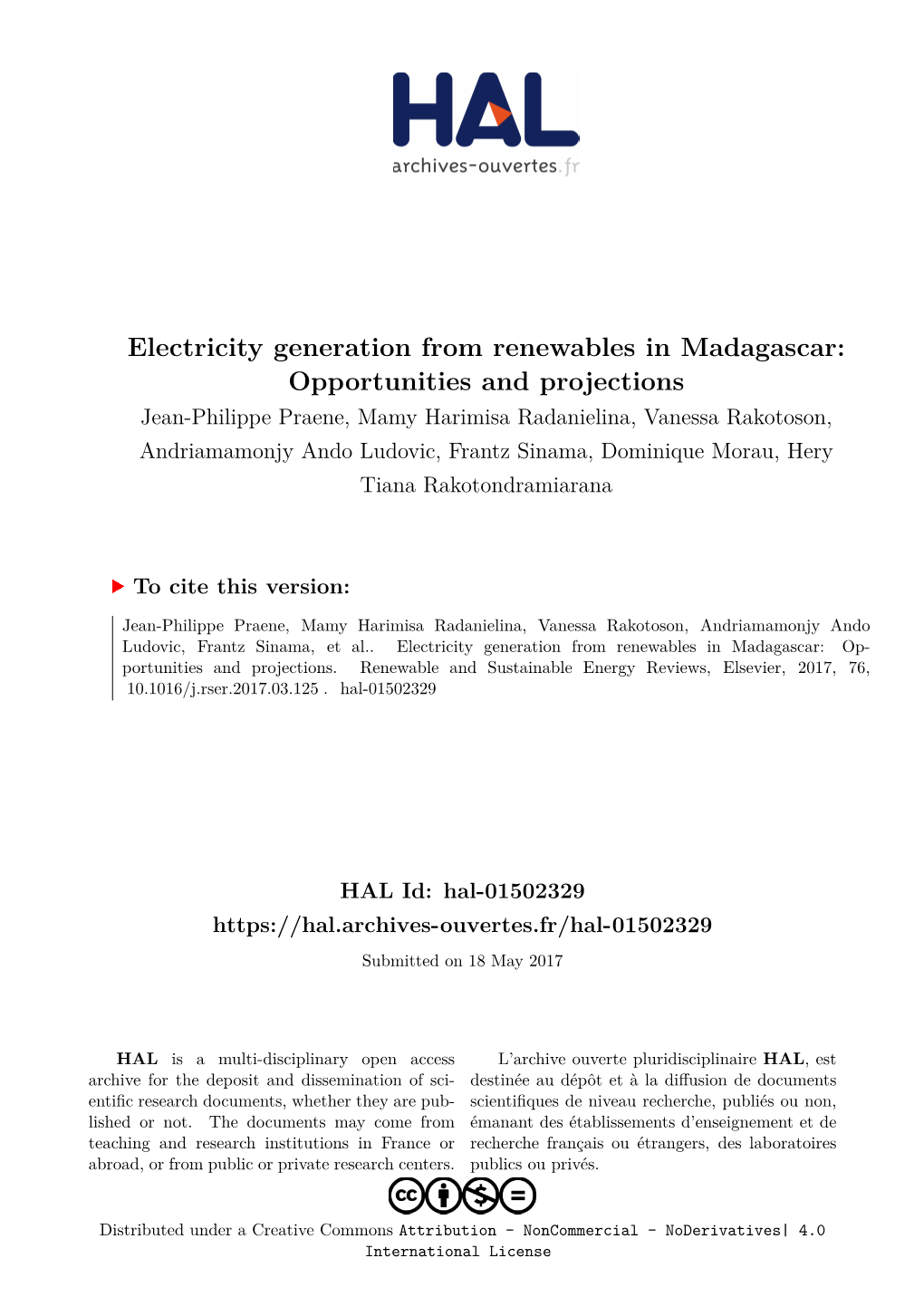 Electricity Generation from Renewables in Madagascar: Opportunities and Projections