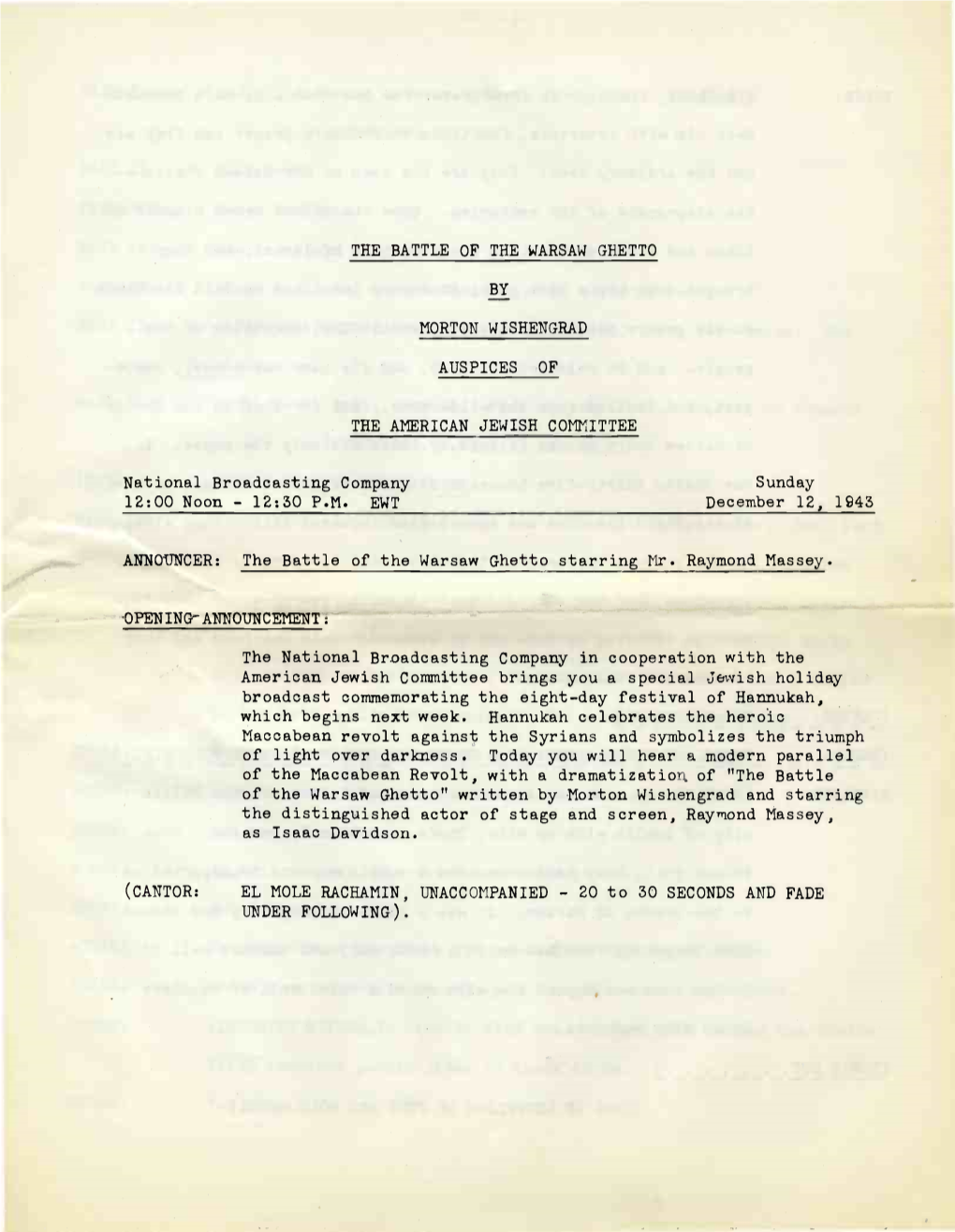 THE BATTLE of the WARSAW GHETTO by MORTON WISHENGRAD AUSPICES of the AMERICAN JEWISH COMMITTEE National Broadcasting Company