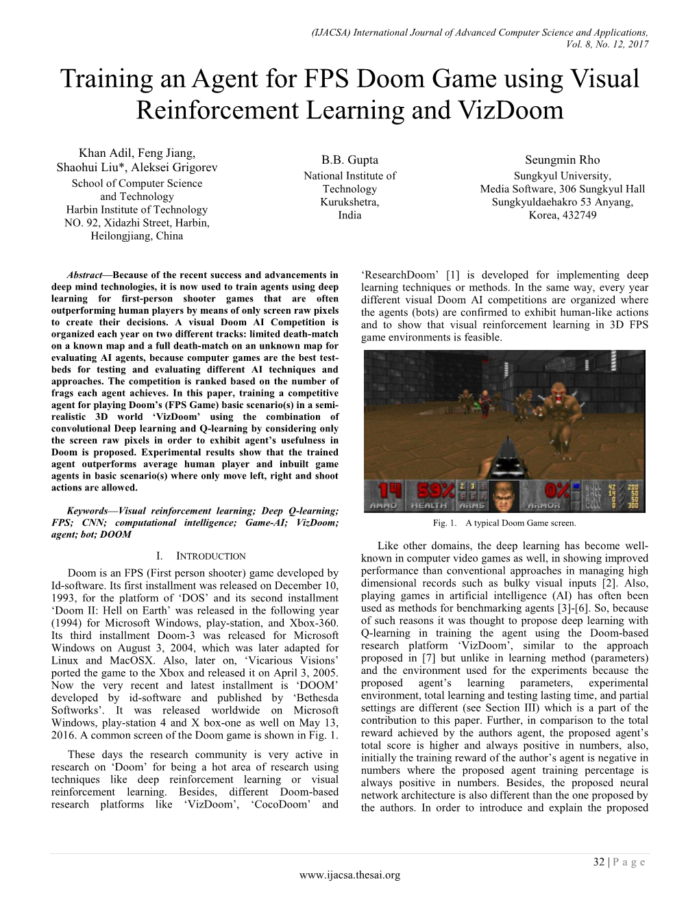 Training an Agent for FPS Doom Game Using Visual Reinforcement Learning and Vizdoom
