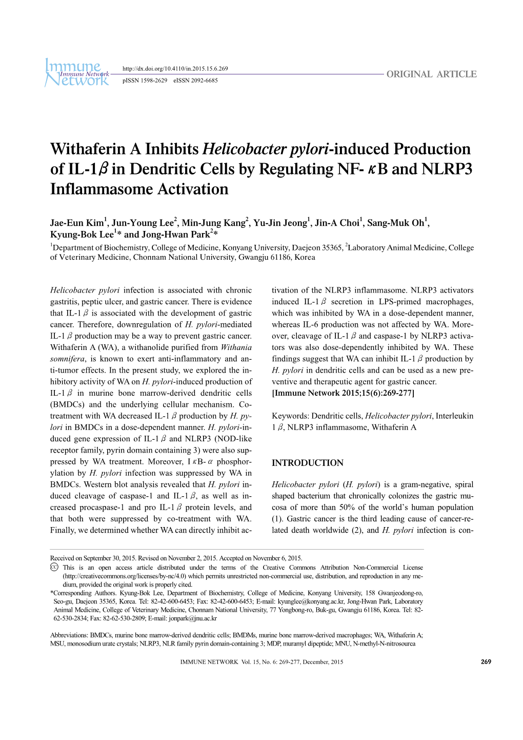 Withaferin a Inhibits Helicobacter Pylori-Induced Production of IL-1Βin