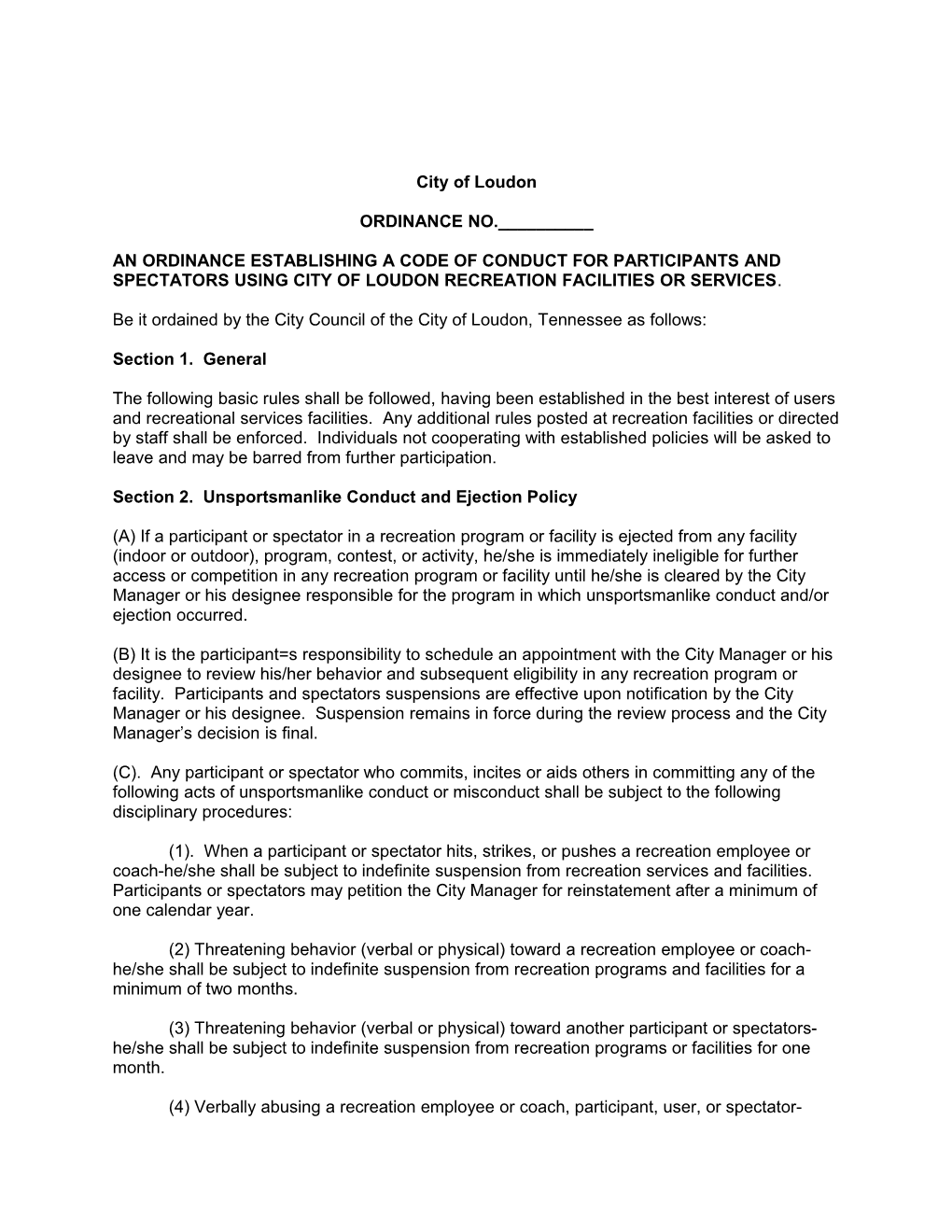 Ordinance Establishing a Code of Conduct for Participants and Spectators Using City Of