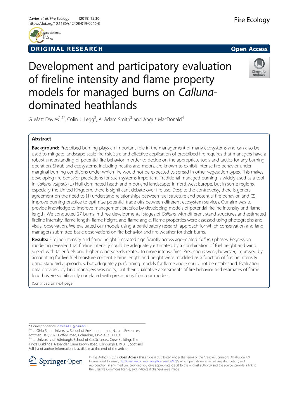 Development and Participatory Evaluation of Fireline Intensity and Flame Property Models for Managed Burns on Calluna- Dominated Heathlands G