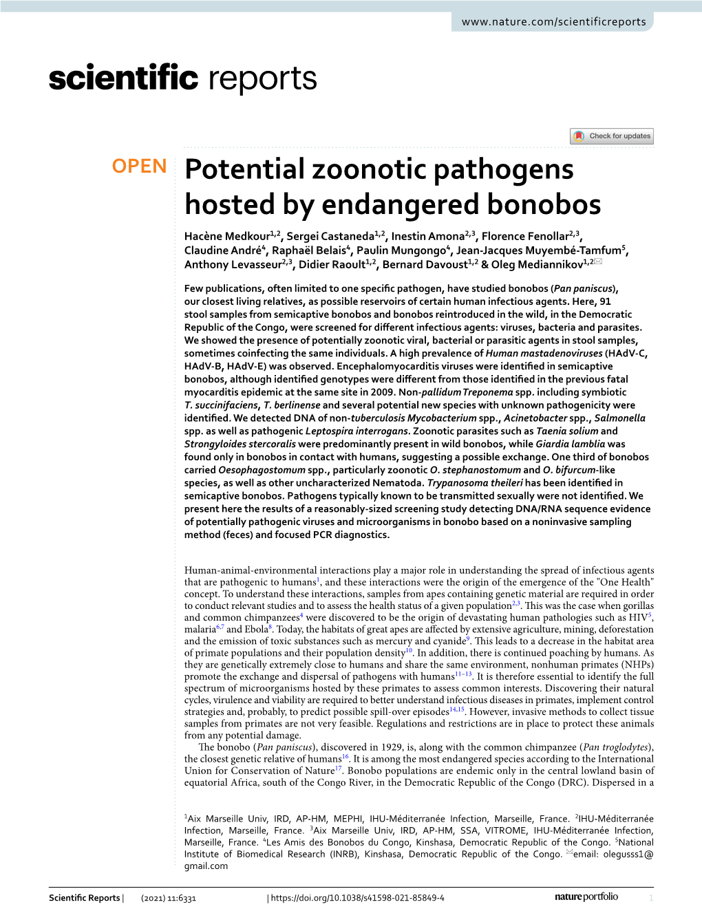 Potential Zoonotic Pathogens Hosted by Endangered Bonobos
