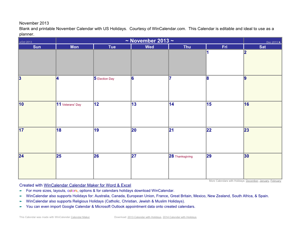 November Calendar with US Holidays2013