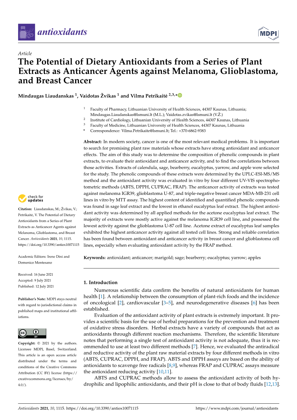 The Potential of Dietary Antioxidants from a Series of Plant Extracts As Anticancer Agents Against Melanoma, Glioblastoma, and Breast Cancer