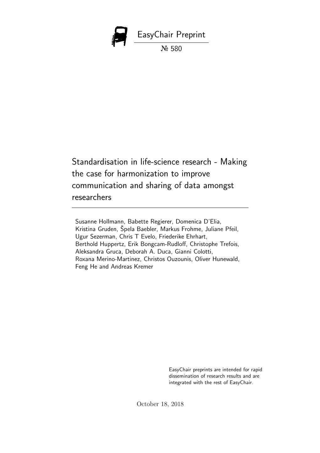 Easychair Preprint Standardisation in Life-Science Research