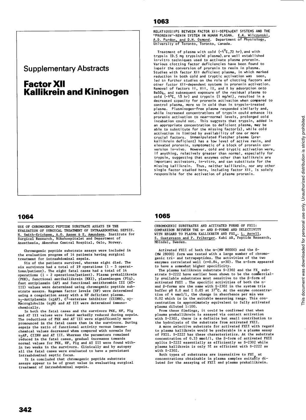 Factor XII Kallikrein and Kininogen