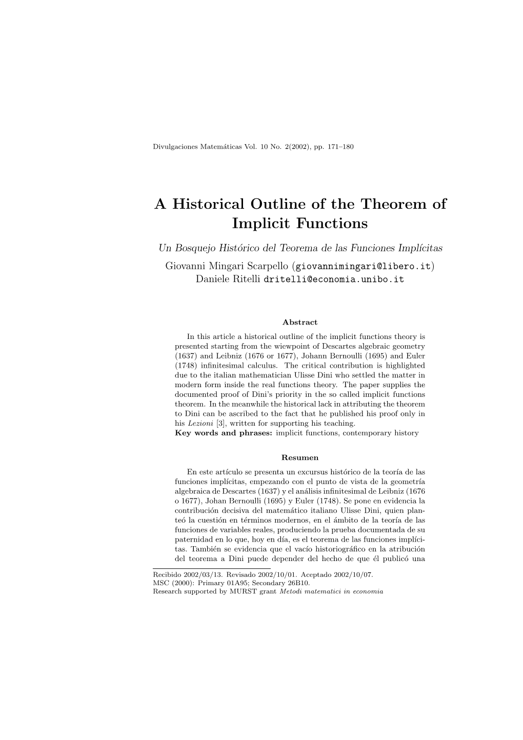 A Historical Outline of the Theorem of Implicit Functions