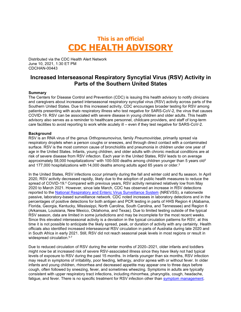 CDC Health Advisory: Increased Interseasonal Respiratory Syncytial