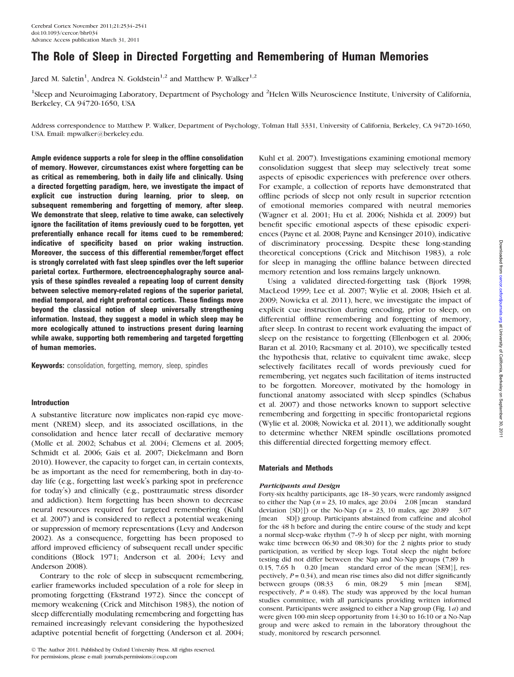 The Role of Sleep in Directed Forgetting and Remembering of Human Memories