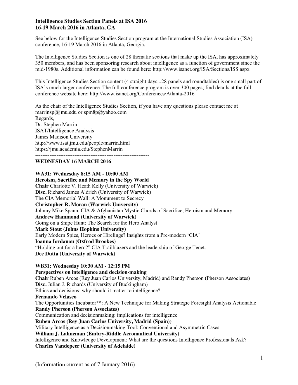 Information Current As of 7 January 2016) Intelligence Studies Section Panels at ISA 2016 16-19 March 2016 in Atlanta, GA