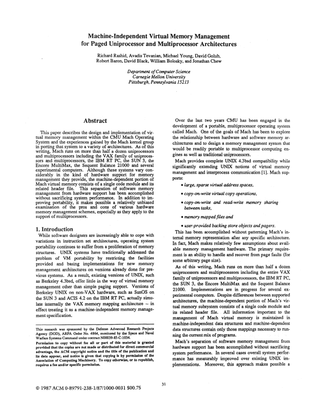 Machine-Independent Virtual Memory Management for Paged Uniprocessor and Multiprocessor Architectures