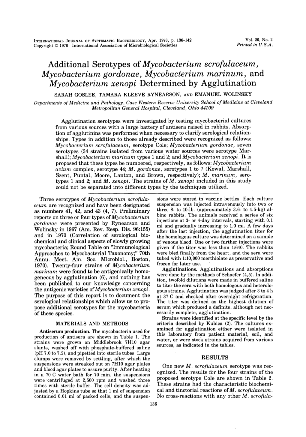 Additional Serotypes of Mycobacterium Scrofulaceum, Mycobacterium Gordonae, Mycobacterium Marinum, and Mycobacterium Xenopi Determined by Agglutination