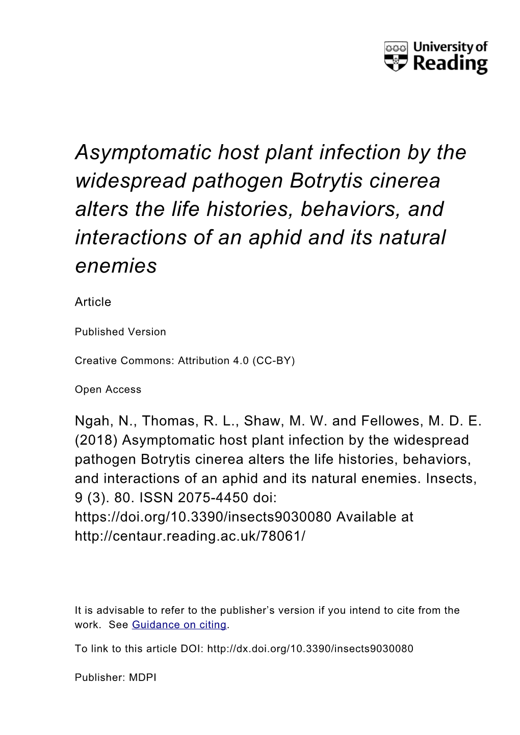 Asymptomatic Host Plant Infection by the Widespread Pathogen Botrytis
