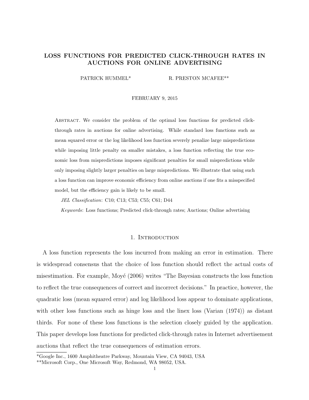 Loss Functions for Predicted Click-Through Rates in Auctions for Online Advertising