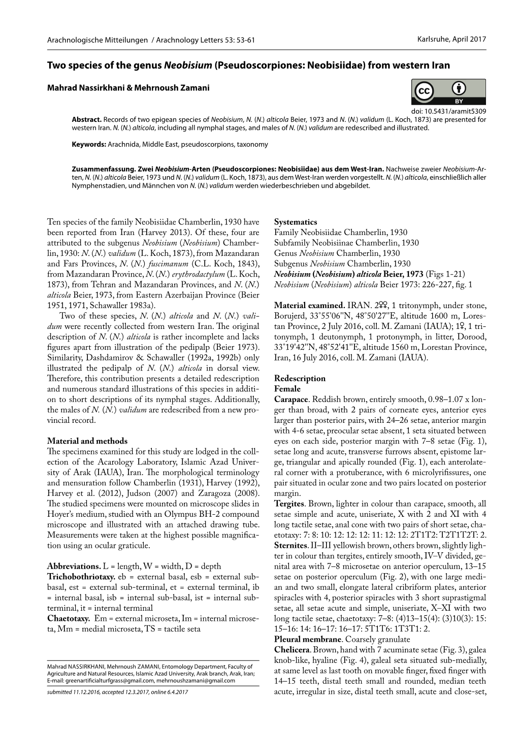 Two Species of the Genus Neobisium (Pseudoscorpiones: Neobisiidae) from Western Iran