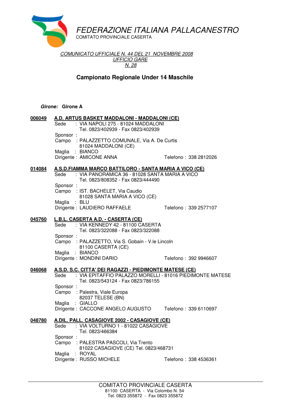 Federazione Italiana Pallacanestro Comitato Provinciale Caserta