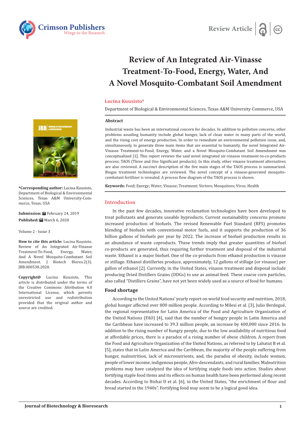 Review of an Integrated Air-Vinasse Treatment-To-Food, Energy, Water, and a Novel Mosquito-Combatant Soil Amendment
