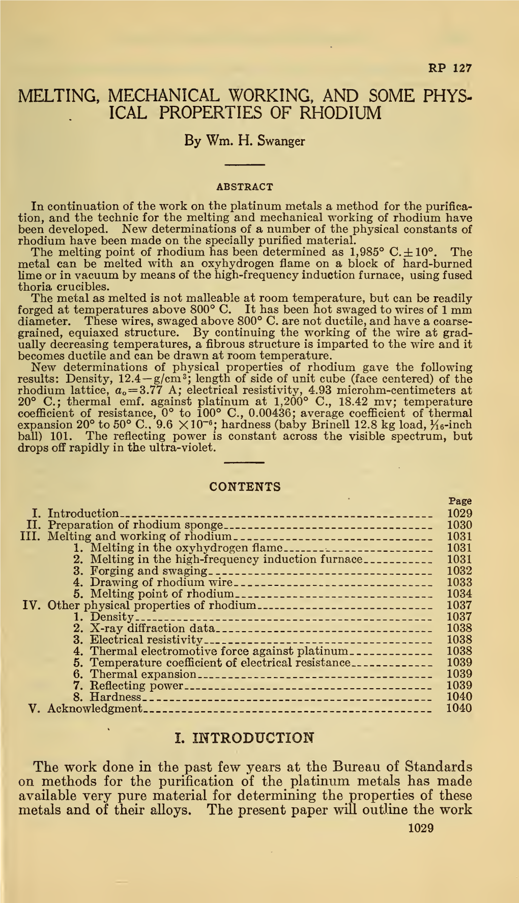 Melting, Mechanical Working, and Some Physical Properties of Rhodium