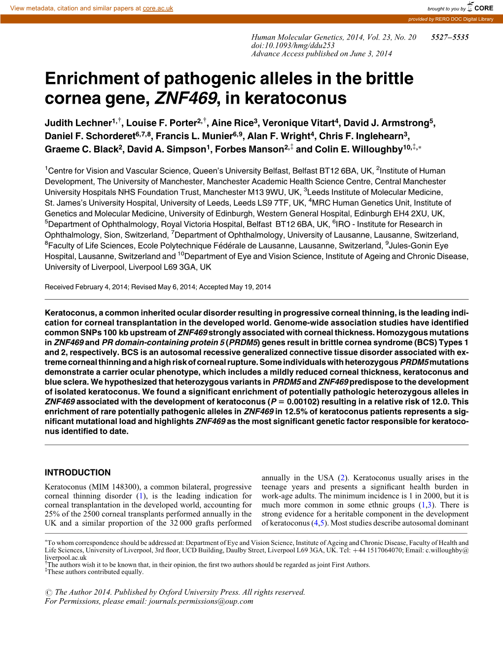 Enrichment of Pathogenic Alleles in the Brittle Cornea Gene, ZNF469, in Keratoconus