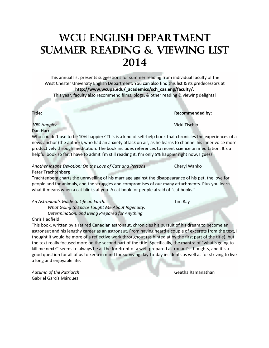 Wcu English Department Summer Reading & Viewing