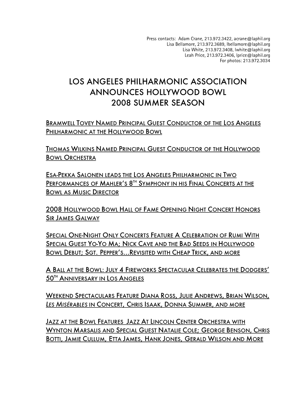 Los Angeles Philharmonic Association Announces Hollywood Bowl 2008 Summer Season