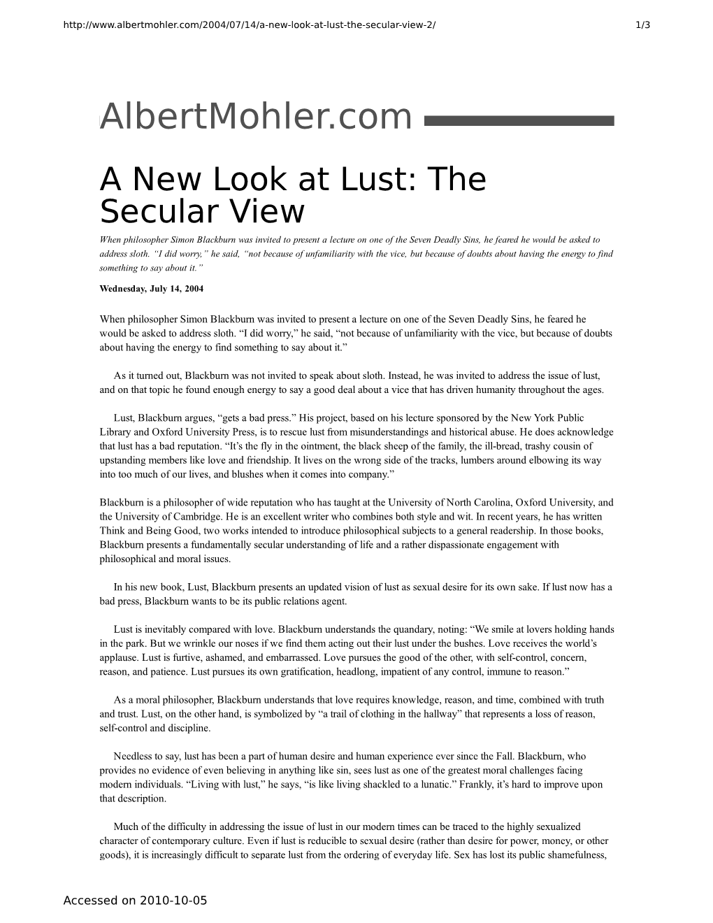 Albertmohler.Com – a New Look at Lust: the Secular View