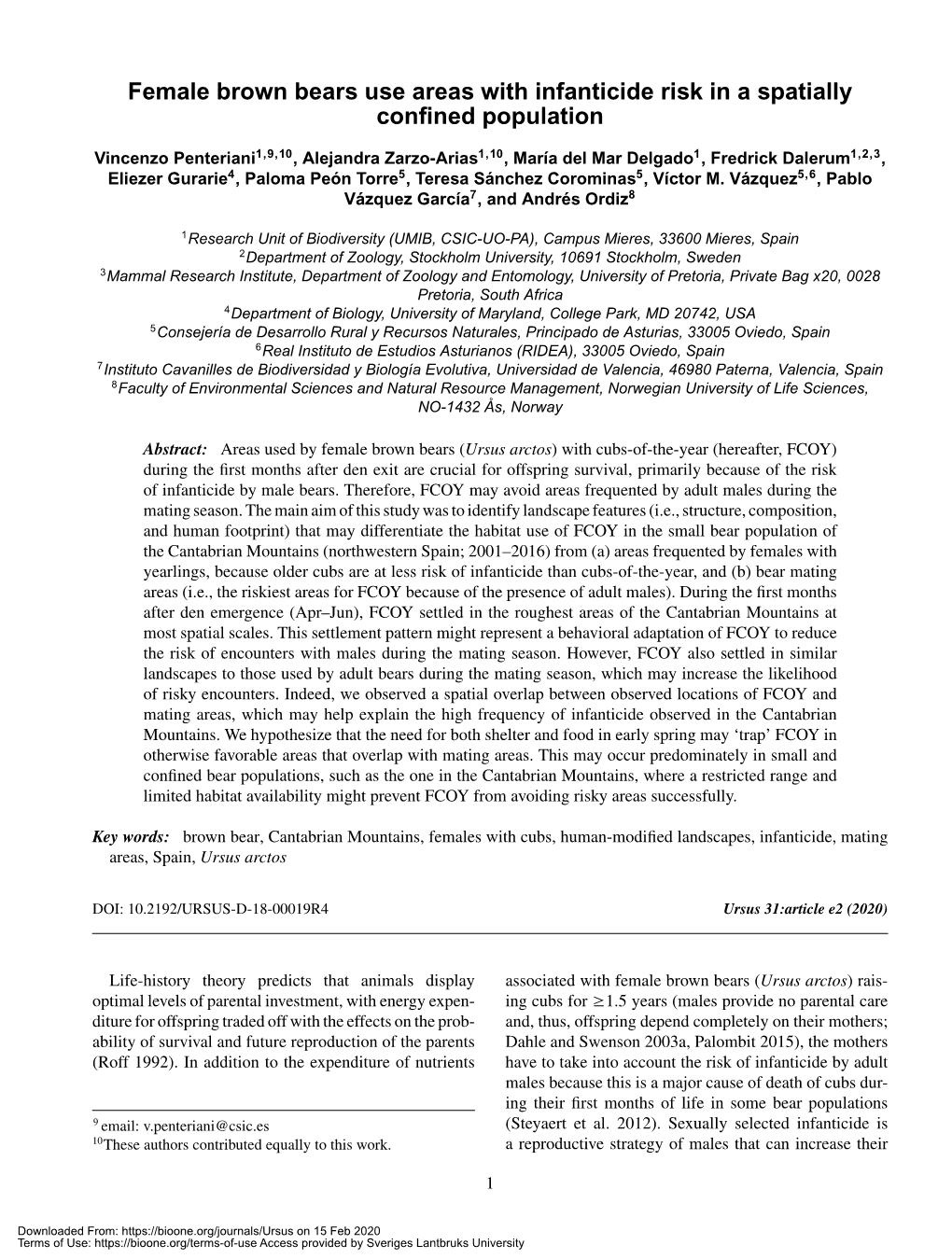 Female Brown Bears Use Areas with Infanticide Risk in a Spatially Conﬁned Population