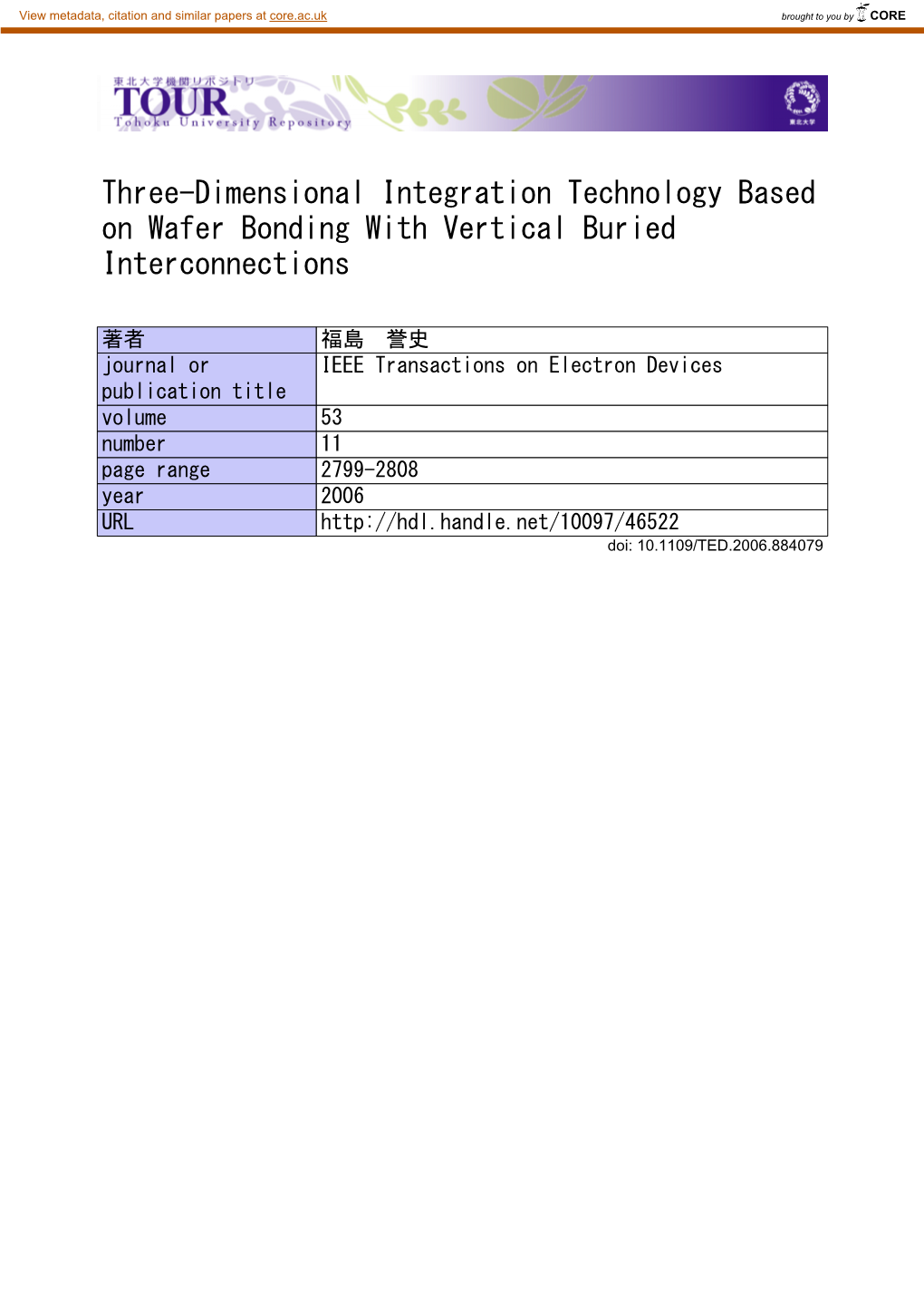 Three-Dimensional Integration Technology Based on Wafer Bonding with Vertical Buried Interconnections