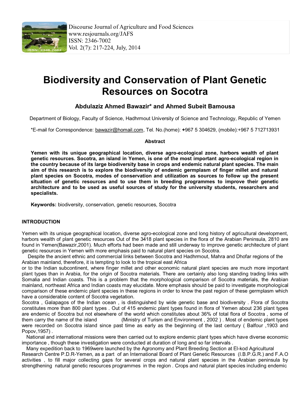 Biodiversity and Conservation of Plant Genetic Resources on Socotra