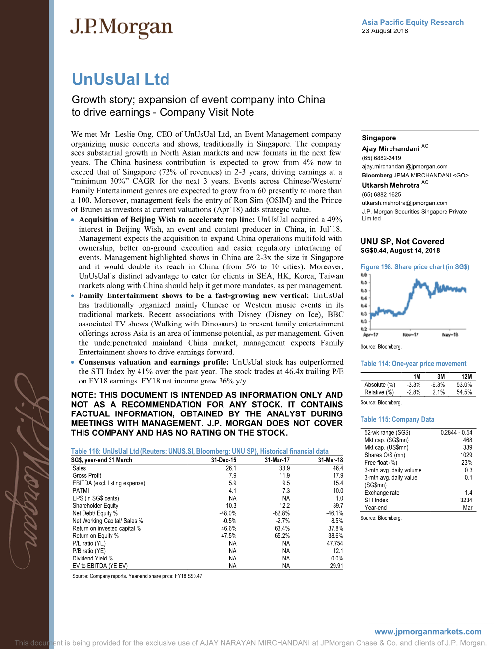 Unusual Ltd Growth Story; Expansion of Event Company Into China to Drive Earnings - Company Visit Note