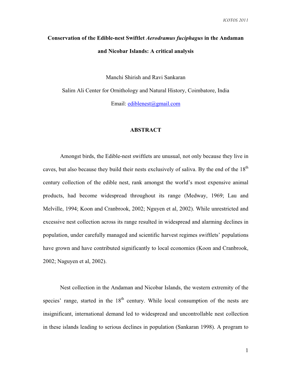 Conservation of the Edible-Nest Swiftlet Aerodramus Fuciphagus in the Andaman & Nicobar Islands: a Critical Analysis