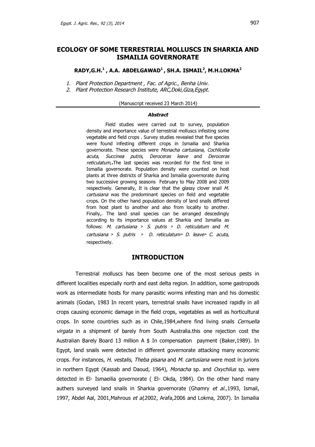 Ecology of Some Terrestrial Molluscs in Sharkia and Ismailia Governorate