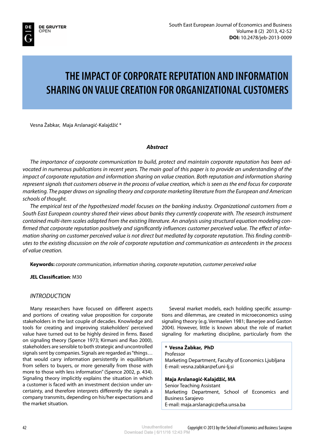 The Impact of Corporate Reputation and Information Sharing on Value Creation for Organizational Customers