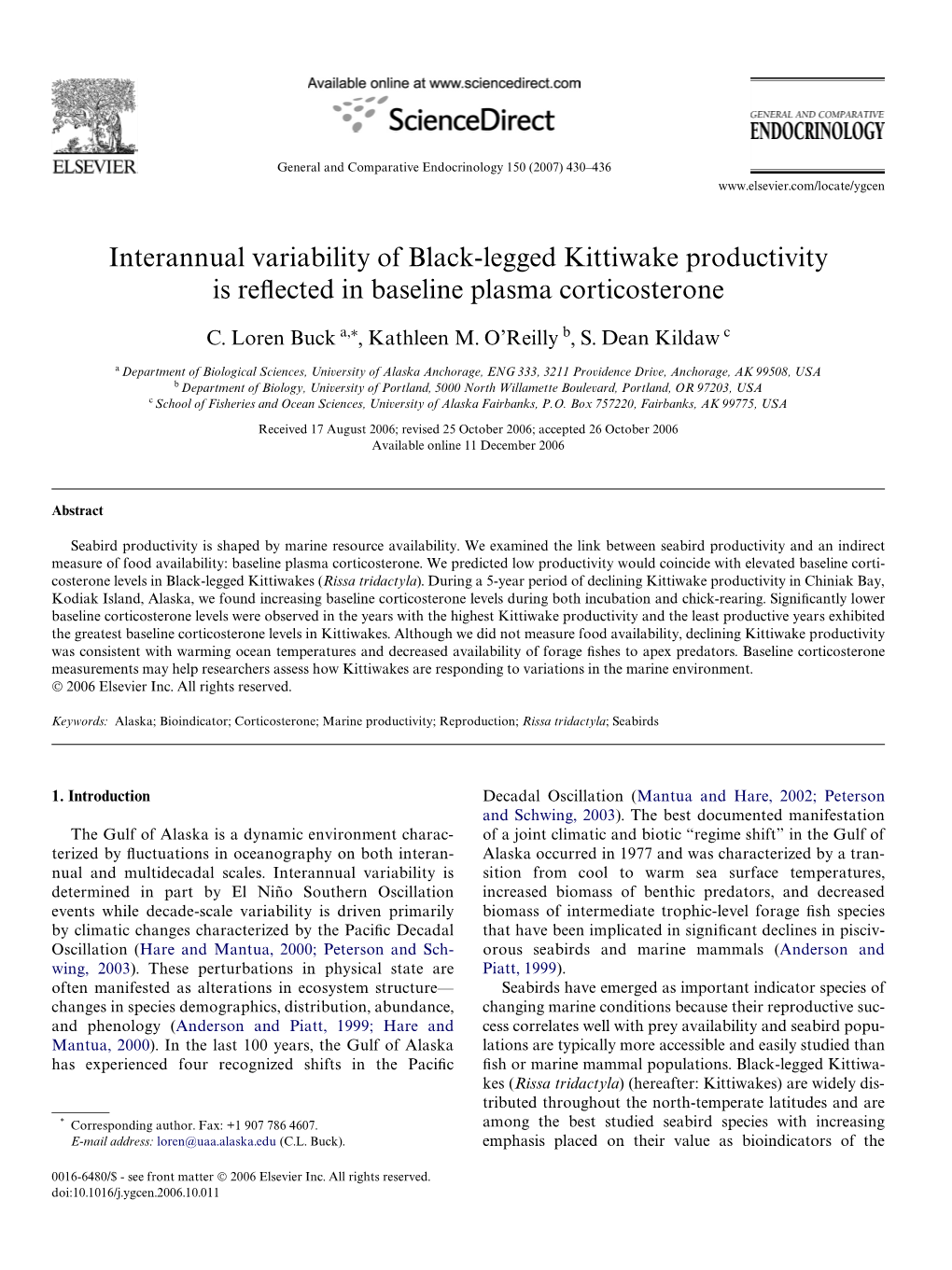 Interannual Variability of Black-Legged Kittiwake Productivity Is Reflected In