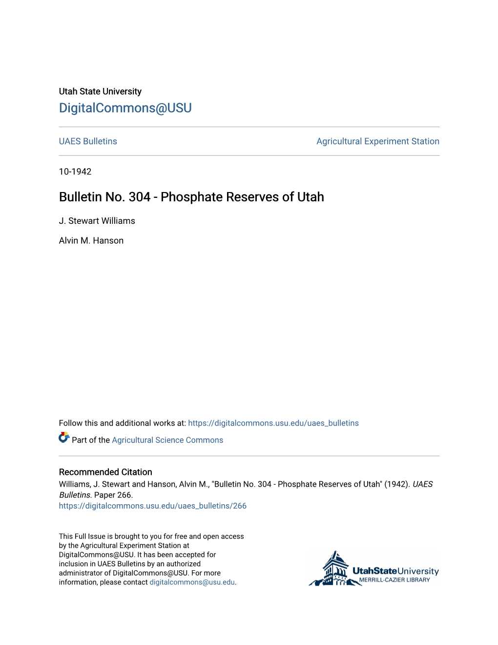 Bulletin No. 304-Phosphate Reserves of Utah