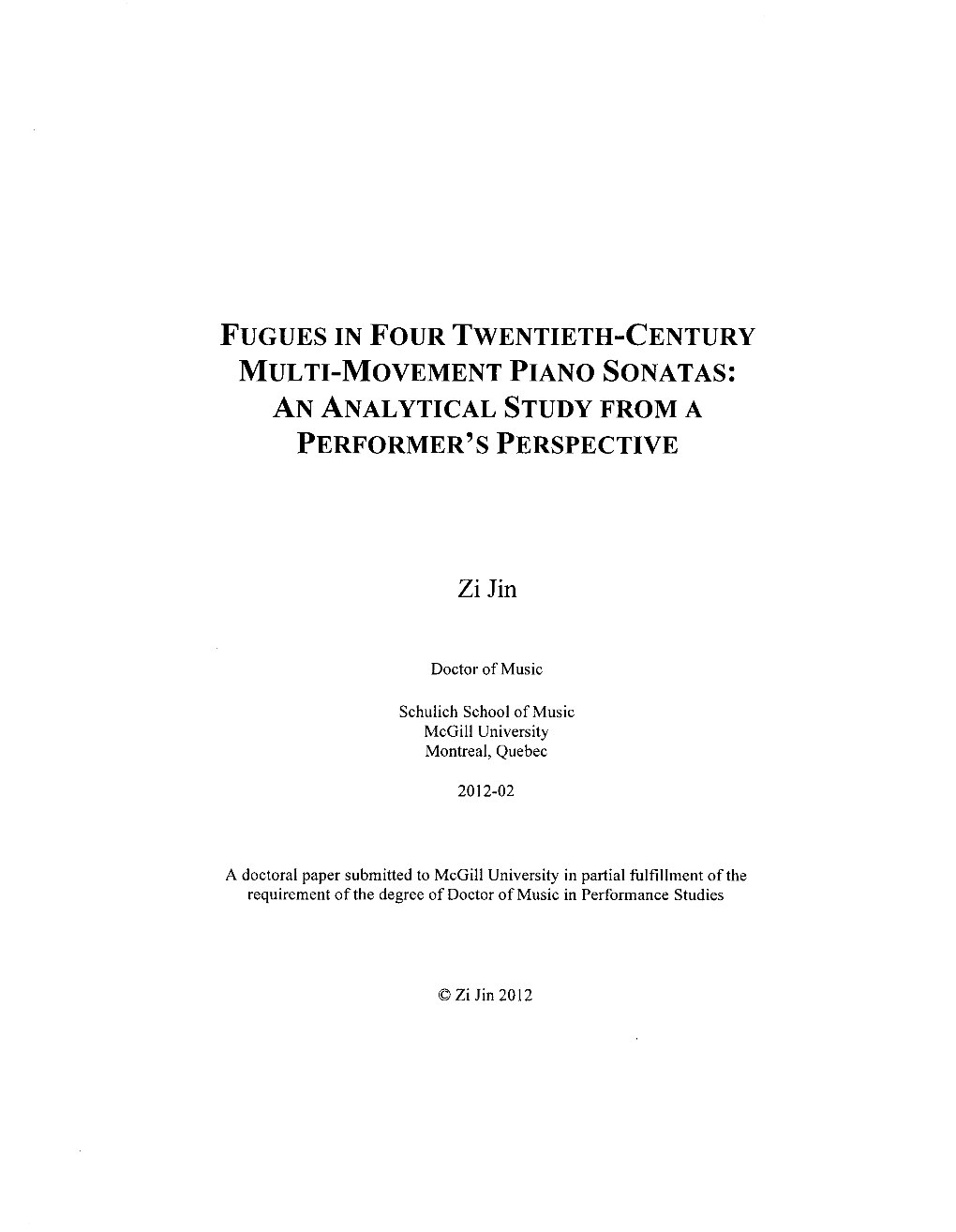 Fugues in Four Twentieth-Century Multi-Movement Piano Sonatas: an Analytical Study from a Performer's Perspective