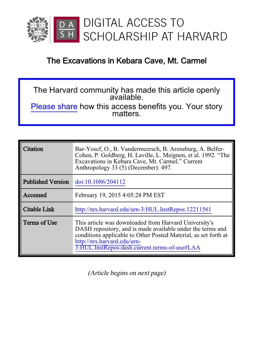 The Excavations in Kebara Cave, Mt. Carmel